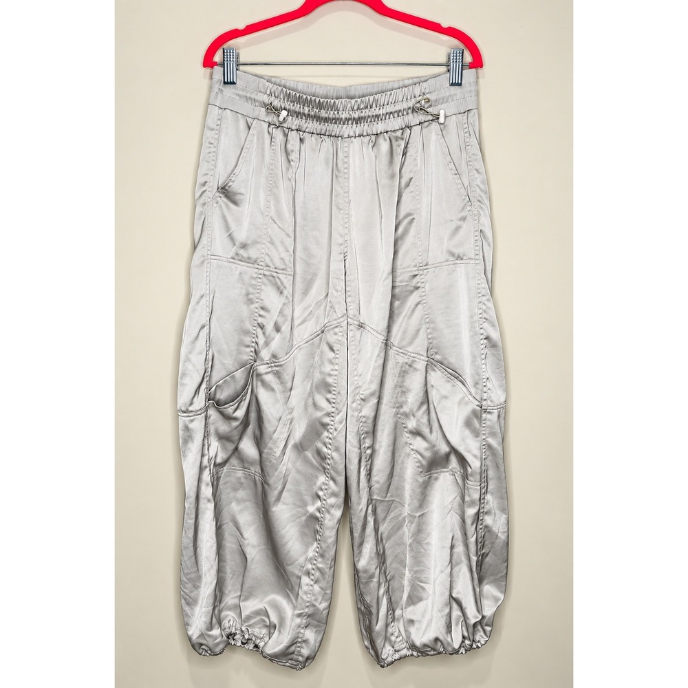Daily Practice Anthropologie Silver Satin Cargo Joggers XL Balloon Pants Y2K